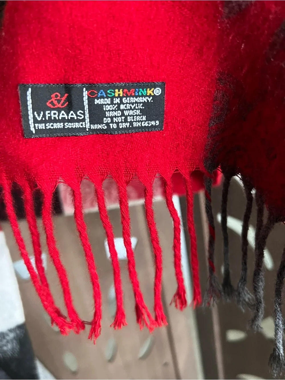 V. FRAAS Red, Black & Gray Plaid Fringe Wrap Scarf